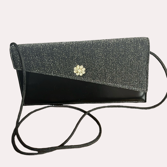 Handbags - PROM Women’s Black Vinyl And Glitter With Gemstone Accent Purse GUC